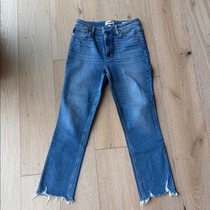 PAIGE Medium Blue Cropped Raw Hem Jeans